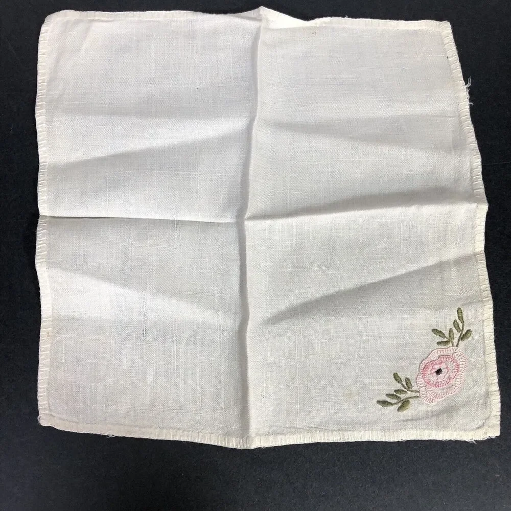 Vintage Small Table Topper Linens Blue and Pink Flowers Needlepoint Handmade 3pc